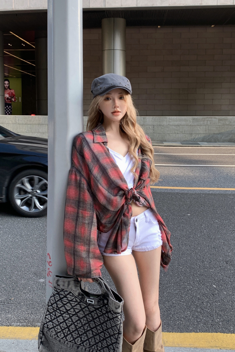 實拍 費城假日 寬鬆格紋撞色襯衫女慵懶休閒襯衣