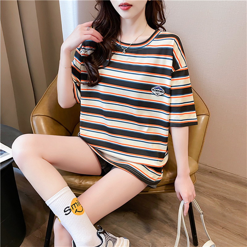 港風條紋短袖T恤女2024夏季新款百搭半袖衣服ins寬鬆休閒小眾體恤