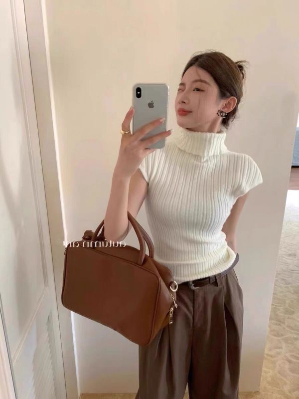 穿搭修身顯瘦高領小飛袖針織背心美式復古打底上衣包芯紗