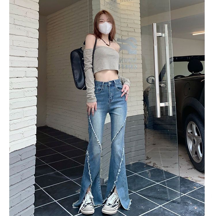 男女新款毛邊高街破洞春秋高腰寬鬆顯瘦牛仔褲女直筒闊腿拖地