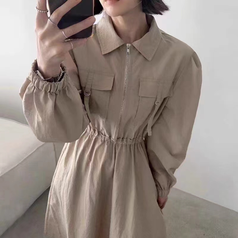 24 South Korea Dongdaemun retro zipper waist age reduction dress women's long-sleeved mid-length skirt