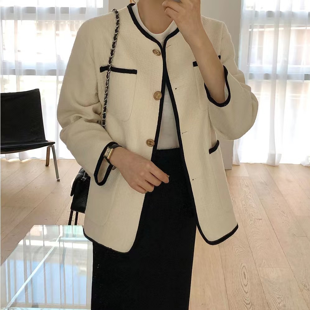 Korean chic autumn niche contrasting chic loose pocket cardigan short jacket