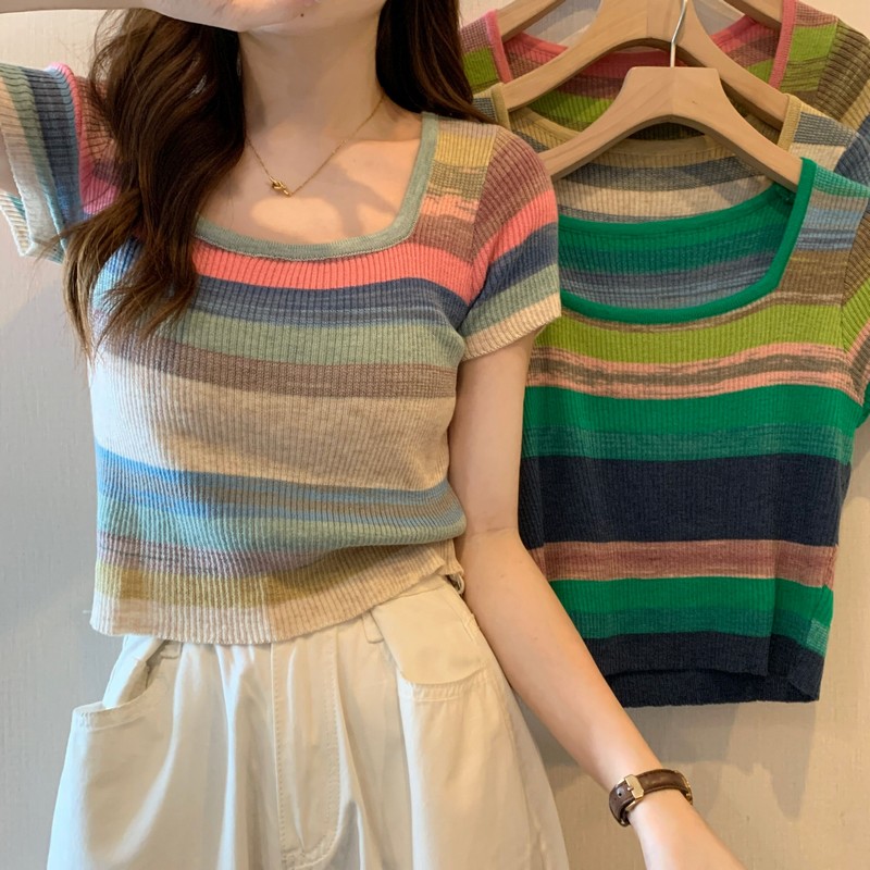 Actual shot of spring's new sweet and spicy style square collar contrasting stripes slimming soft and waxy breathable short top