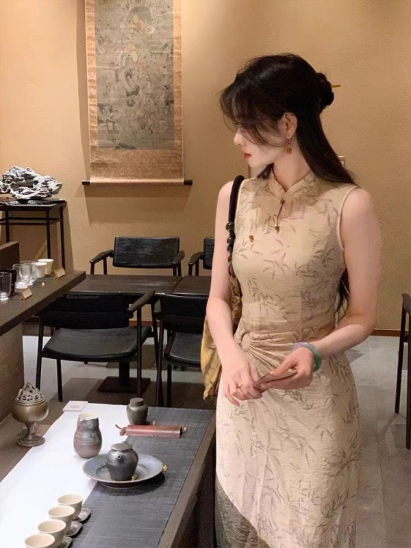 EIA一堯玥竹新中式復古改良旗袍女春季氣質印花連衣裙兩件套
