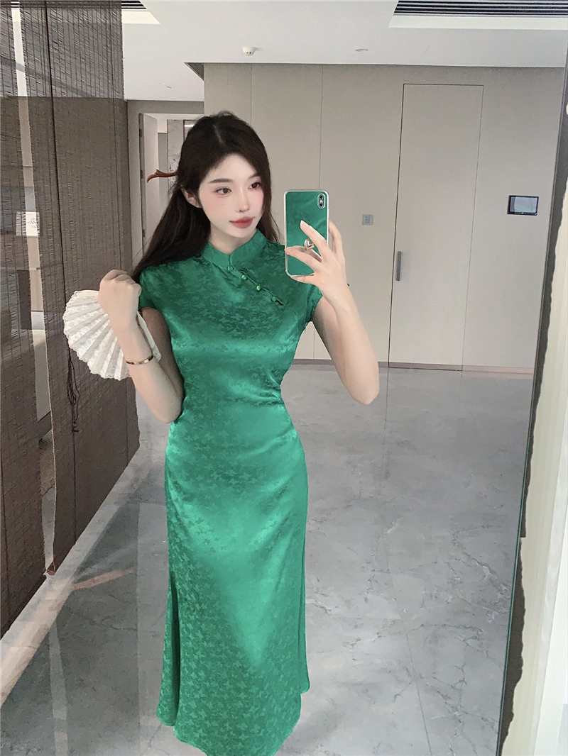 實拍緞面提花改良旗袍裙女夏新款復古國風新中式短袖連衣裙長款