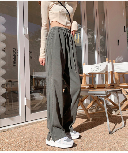 Dark gray sweatpants for women in spring and summer ins trendy versatile slim slit straight pants for women petite wide leg pants