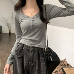 Real shot spring new button placket slim bottoming shirt long sleeve T-shirt for women