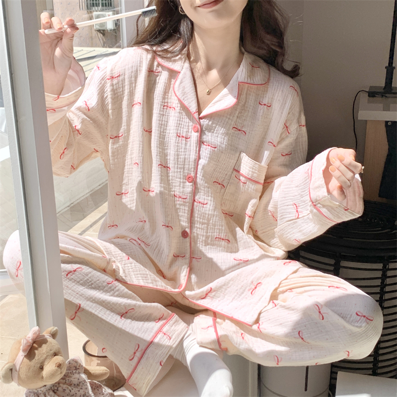 實拍樹皮皺2024年新款睡衣女長袖套裝休閒家居服甜美可愛