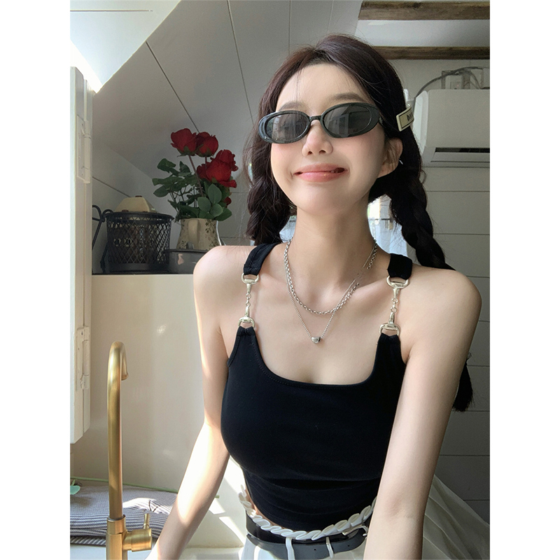 外穿無袖短款黑色吊帶背心女夏季辣妹網紅別致設計感修身打底上衣