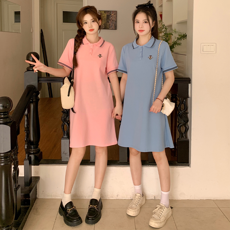 6830 real shot~Large size women's lapel little bee dress loose casual slim short-sleeved mid-length T-shirt dress