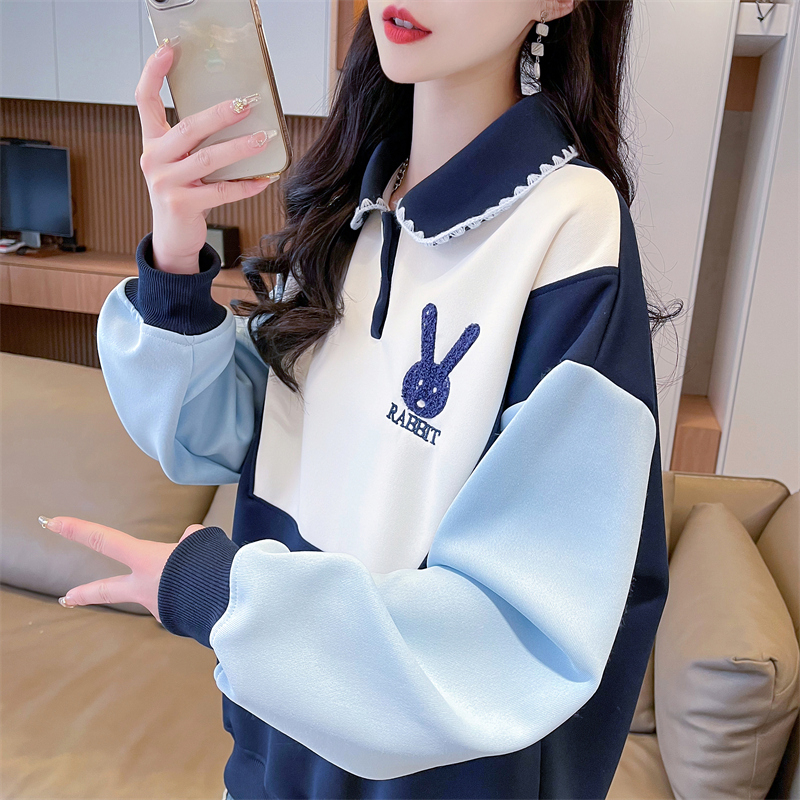 實拍 2024春季新款韓版POLO領卡通刺繡拼色薄款衛衣女
