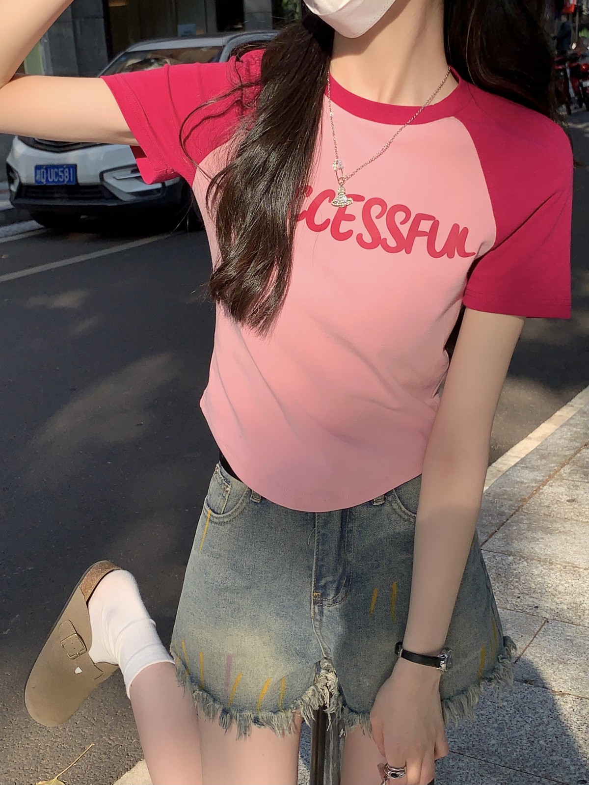 Actual shot of spring and summer Korean style raglan contrasting color dopamine letter print design pure cotton short-sleeved T-shirt top