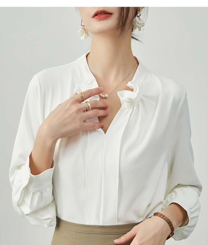 法式抽褶花邊立領白色襯衫女2024春裝設計感小眾女味氣質小衫上衣
