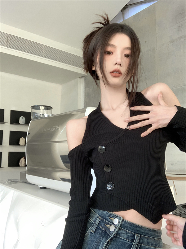 實拍鏤空露肩V領針織開衫女春修身顯瘦內搭打底衫高級感上衣