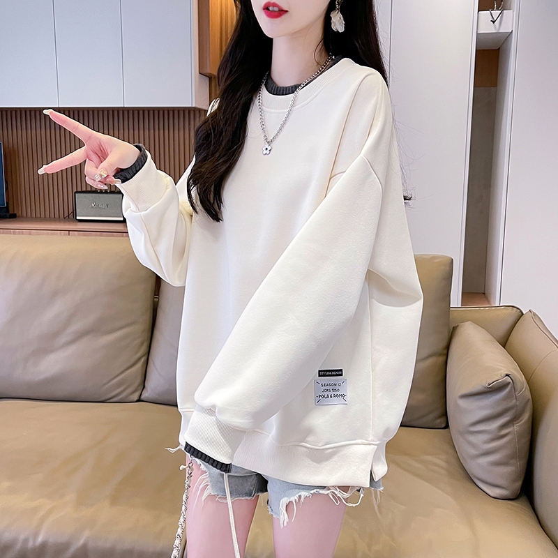 實拍 春季韓版寬鬆圓領假兩件中長款薄款衛衣女