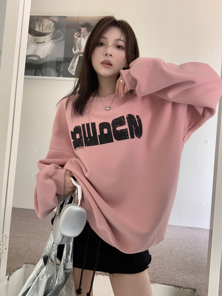 Spring real shot Hong Kong style retro fashion loose lazy round neck pullover sweatshirt
