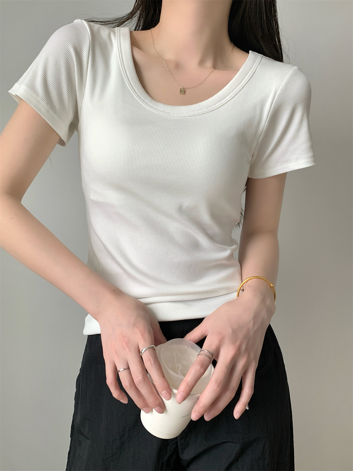 實拍 2024春夏韓版u領純色基礎百搭帶胸墊純棉短袖女T恤上衣