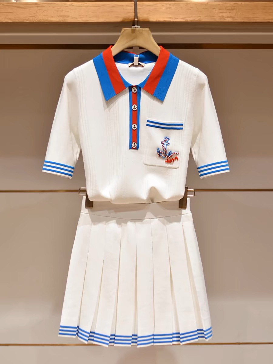 小香風套裝女冬卓家2024夏季新款翻領針織衫百褶半身裙氣質兩件套