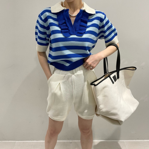 韓國chic 減齡木耳邊撞色條紋針織衫短袖上衣