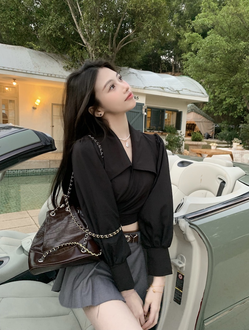 實拍 辣妹設計感小眾襯衣獨特别致綁帶短款襯衫