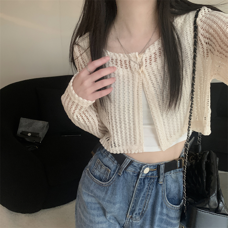 Real shot Summer new design hollow long-sleeved knitted cardigan sun protection clothing for women