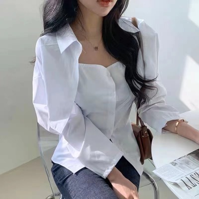 Korean chic spring gentle breast soft blue slim fit inner vest suspender ➕ lapel short shirt two-piece set for women