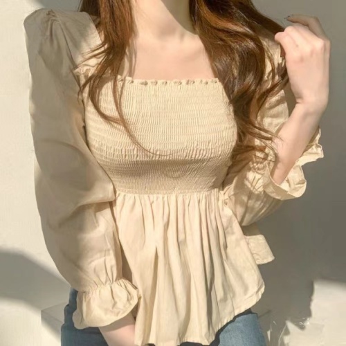 韩国chic法式甜美方领修身显瘦收腰褶皱洋气木耳边长袖衬衫上衣女