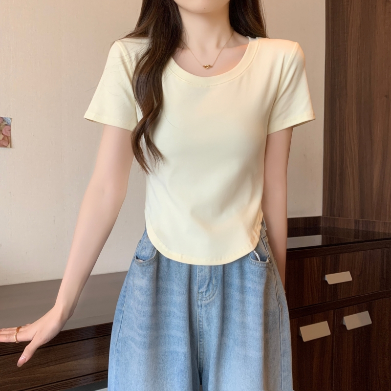 實拍 40支純棉 2024夏裝短袖T恤正肩短款上衣女純色修身打底衫
