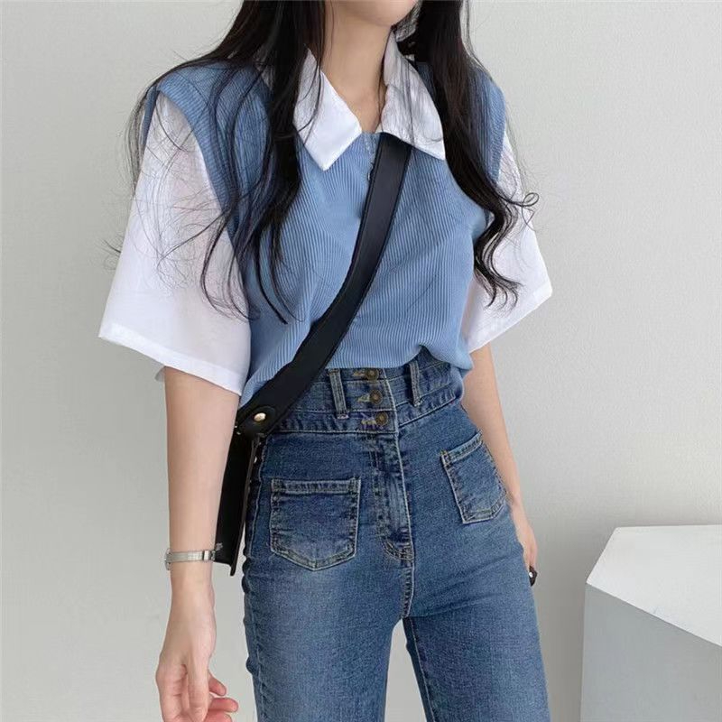蛇骨紋polo翻領假兩件學院風撞色短袖T恤女