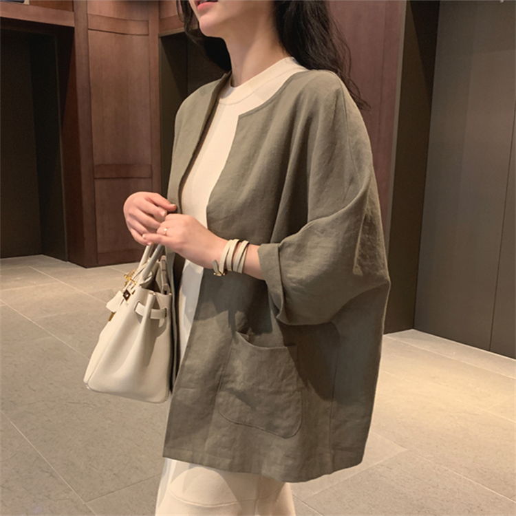 2024春裝新款韓版大碼女裝寬鬆冰絲棉麻料上衣復古簡約棉麻T恤女