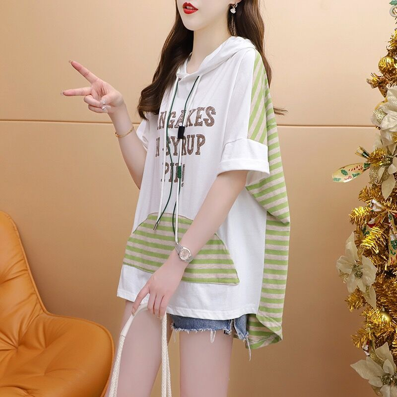 純棉質量/95%棉5%氨綸/後包領連帽中長款重工短袖t恤女
