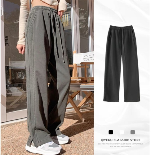 Dark gray sweatpants for women in spring and summer ins trendy versatile slim slit straight pants for women petite wide leg pants