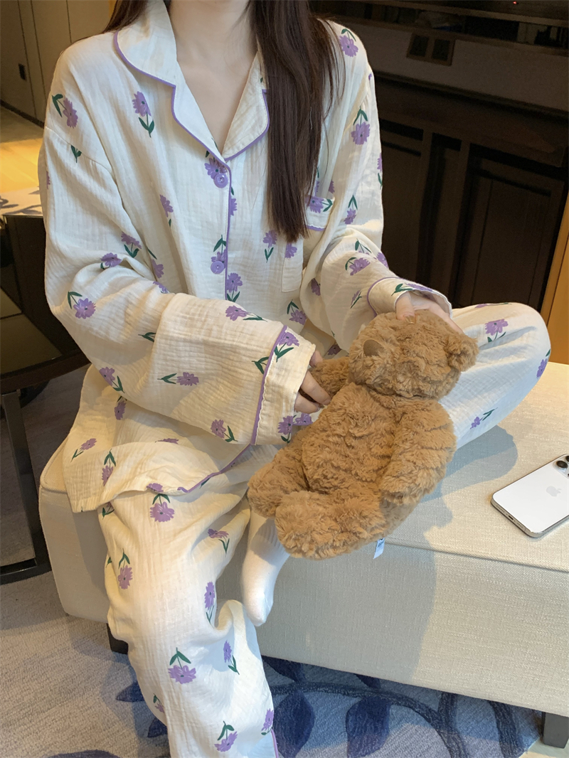 實拍樹皮皺2024年新款睡衣女長袖套裝休閒家居服甜美可愛