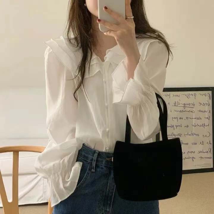 chic法式溫柔三層荷葉邊襯衣女新款喇叭袖雪紡襯衫