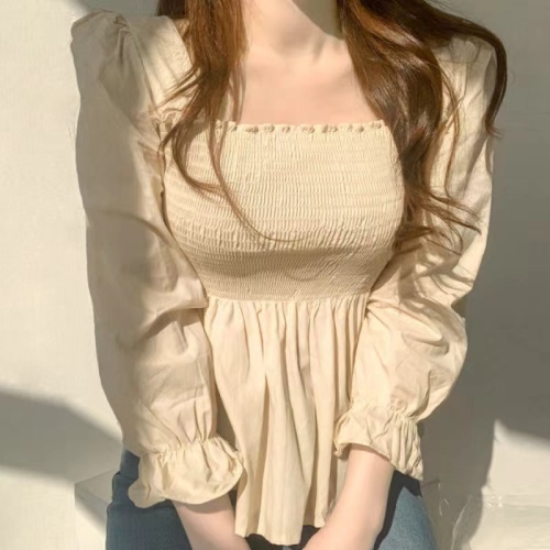 韩国chic法式甜美方领修身显瘦收腰褶皱洋气木耳边长袖衬衫上衣女