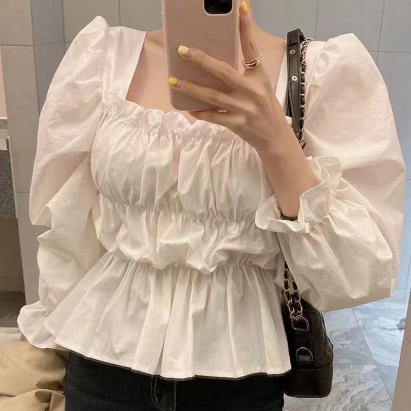Korean chic spring new temperament square collar fungus lace top tube top puff sleeve shirt short shirt for women