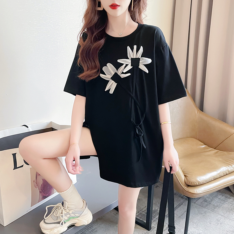 實拍 夏裝韓版寬鬆40支雙紗圓領刺繡M-3XL 250斤大碼短袖T恤女