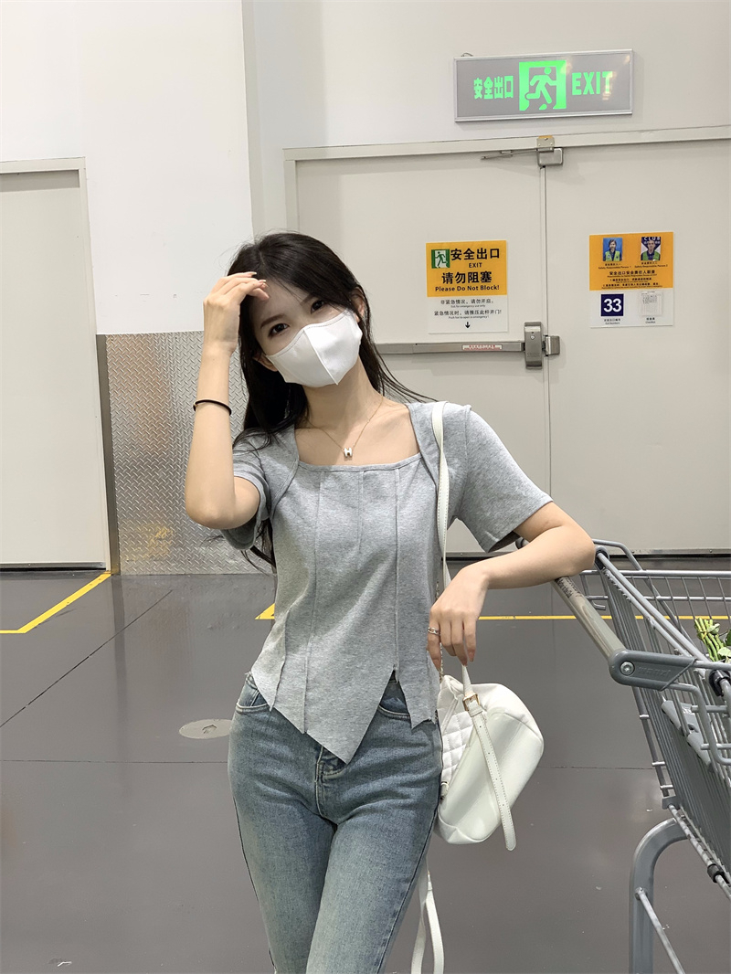 新款純欲風方領短袖正肩T恤女設計感小眾夏季不規則顯瘦上衣