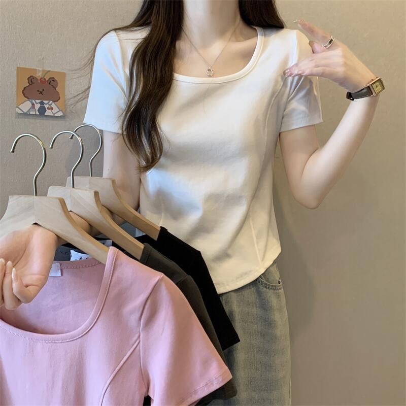 Cotton Summer Square Neck Short Sleeve T-Shirt Women's Spliced ​​Slim Top