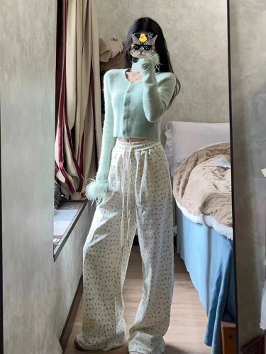 Pure cotton Huamian spring and summer new Japanese style niche floral elastic high waist slimming straight wide leg pants for women