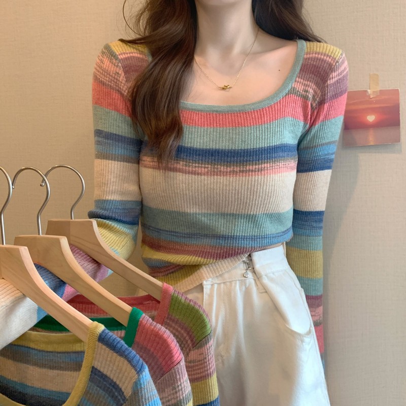Real shot of sweet and spicy square-neck niche design with contrasting stripes, slim fit, soft, waxy and breathable short top