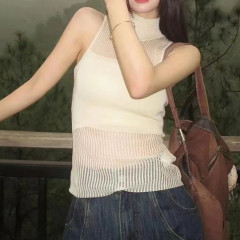 Ladies' INSPop Style High-Neck Off-the-Shoulder Mesh Top with French Flair - Summer