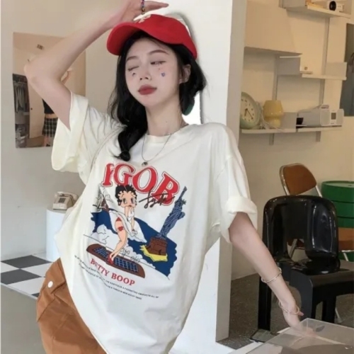 200g 100% cotton high-density silo spinning American retro large size t-shirt women's pure cotton trendy brand ins