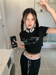 Real shot of design reflective letter printed drawstring short t-shirt