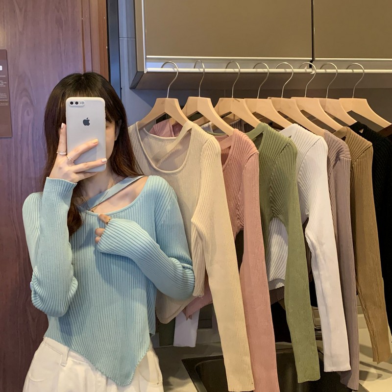 Actual shot of the new Korean style pure desire, irregular and versatile temperament, slim and tall knitted top