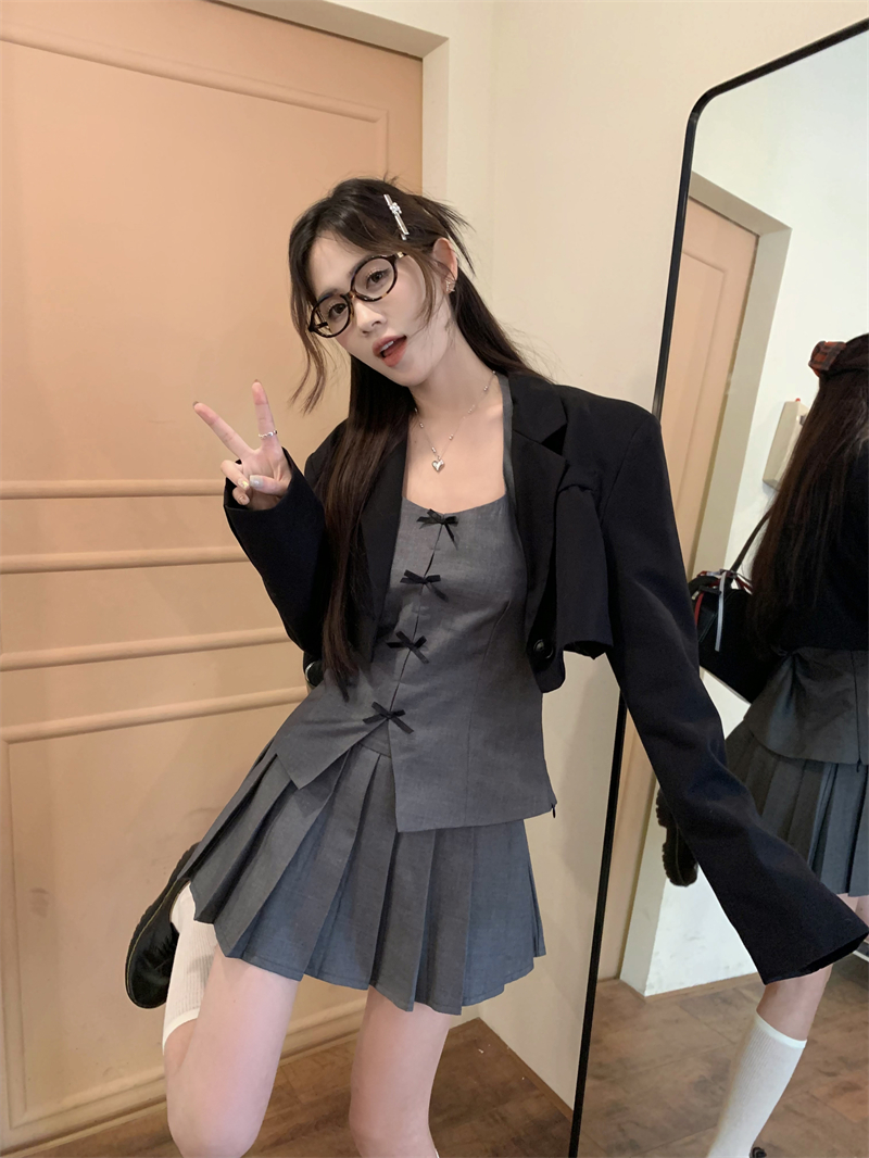 實拍 設計感短款西裝外套無袖修身法式襯衫壓褶半身裙套裝