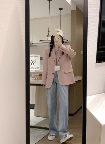 OKJJ Pink Blazer Women's 2024 Spring New Loose Pink Retro Shoulder Pad Suit Casual Top