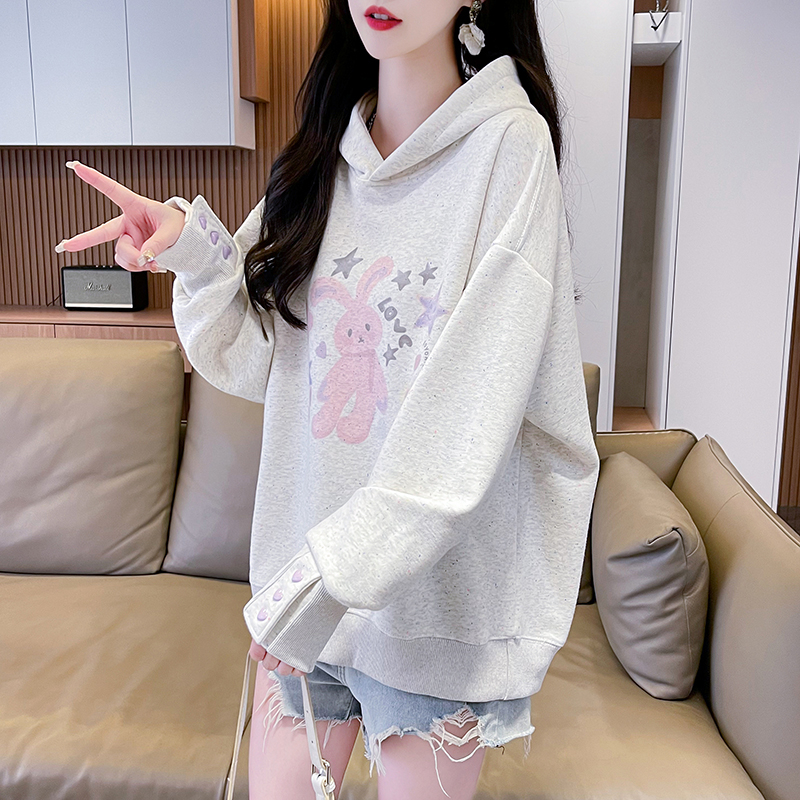 實拍 春季韓版寬鬆連帽卡通印花中長款大碼薄款衛衣女