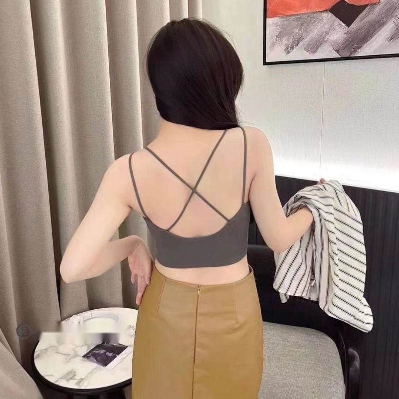 韓版純色性感外穿交叉露背抹胸內衣帶胸墊美背內搭上衣