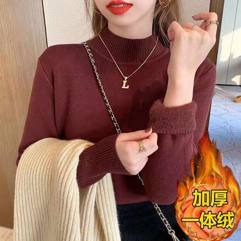 新款秋冬一體絨短款純色半高領針織打底衫加絨加厚百搭毛衣女